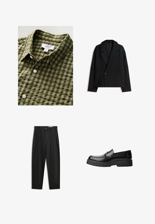 Zwart wollen blend dubbelzijdig jasje met gestructureerde revers, twee zijzakken en een enkele knoopsluiting. Zacht, textuurgegeven materiaal.; Groene geruite overhemd met korte mouwen, gemaakt van zachte stof, met een button-down kraag en witte knopen, met een etiket en maatlabel eraan bevestigd.; Zwarte katoenen broeken met een losse pasvorm, voorzien van een klassieke tailleband, voorplooien en zijzakken. Gladde structuur zonder patronen.; Zwarte leren loafer met een chunky profielzool en een decoratieve band over de bovenkant, weergegeven in het linkerzijprofiel op een witte achtergrond.