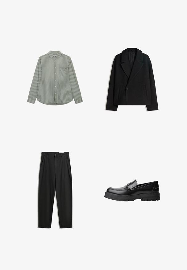 Fekete gyapjú keverék, kétsoros kabát strukturált hajtókákkal, két oldalsó zsebbel és egysoros gombzárral. Puha, texturált anyag.; Hosszú ujjú, gombos ing olívazöld színben, függőleges fehér csíkokkal, standart gallérral és bal oldalon egy mellsz zsebb el.; Fekete pamut nadrág laza szabással, klasszikus derékrésszel, elülső hajtásokkal és oldalsó zsebekkel. Simább textúra minta nélkül.; Fekete bőr loaferek vastag, bordázott talppal és díszcsíkkal az upper rész felett, bal oldali profilmódban, fehér háttér előtt.