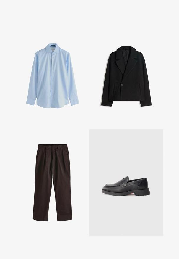 Manteau double boutonnage en mélange de laine noir avec des revers structurés, deux poches latérales et une fermeture à un bouton. Tissu doux et texturé.; Chemise boutonnée à manches longues bleu clair en tissu lisse avec un col pointu et sept boutons à l'avant, présentant une coupe décontractée et des manches avec poignets.; Next EDIT - REGULAR FIT - Pantalon classique - brown; Mocassins en cuir noir avec un bout arrondi, une couture surélevée et une semelle en caoutchouc épaisse. Design simple avec un branding minimal sur le côté.