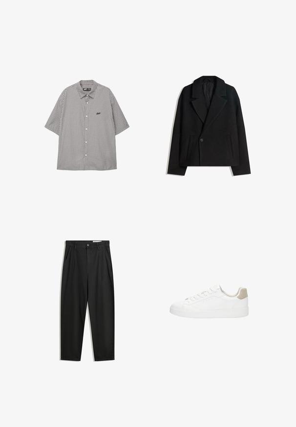 Crni kaput od vune s dvostrukim kopčanjem, strukturiranim reverima, s dva bočna džepa i jednim dugmetom. Mekana, teksturirana tkanina.; Košulja kratkih rukava s gumbima u crno-bijelom kariranom uzorku. Sadrži ovratnik na preklapanje i logo na lijevoj strani prsnog dijela.; Crne pamučne hlače s opuštenim krojem, s klasičnim pojasom, prednjim nabranjima i bočnim džepovima. Glatka tekstura bez uzoraka.; Bijele tenisice s glatkim kožnim gornjištem i okruglim vrhom. Imaju bež zamšastu petu, ravne vezice i bijeli gumeni potplat.
