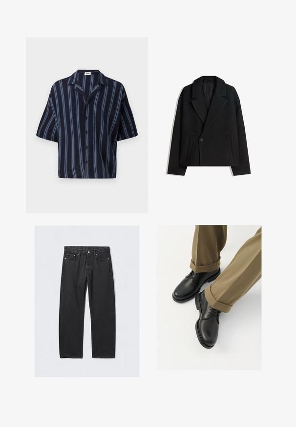 Czarny płaszcz ze wełny w blendzie, dwurzędowy, z wyraźnymi klapami, dwiema bocznymi kieszeniami i pojedynczym zapięciem na guzik. Miękka, teksturowana tkanina.; Koszula z krótkim rękawem zapinana na guziki, z granatowym tłem i pionowymi jasnoniebieskimi paskami, z klasycznym kołnierzykiem.; Czarne dżinsy z prostymi nogawkami, zapinane na guziki, z pięcioma kieszeniami i mosiężnymi akcentami. Gładka tekstura.; Czarne skórzane buty wizytowe o gładkim wykończeniu, z sznurówkami i zaokrąglonym noskiem, w połączeniu z podwiniętymi spodniami khaki.