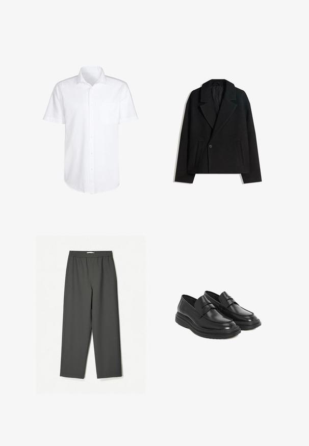 Čierny kabát s dvojitým zapínaním zo zmesi vlny s vyžehlenými klopami, dvoma bočnými vreckami a jedným gombíkom. Mäkká, štruktúrovaná látka.; Biela košeľa na krátky rukáv z bavlny, s náprsníkovou kapsou a zakriveným lemom pre voľný strih.; Tmavohnedé, vysoko pásové nohavice s širokými nohami vyrobené z ľahkej tkaniny. Elastický pás, bez viditeľných vzorov a bočné vrecká.; Čierne kožené mokasíny s okrúhlou špičkou, prešívaním a platformovou gumovou podrážkou. Obsahujú dekoračný pás na priehlavku.