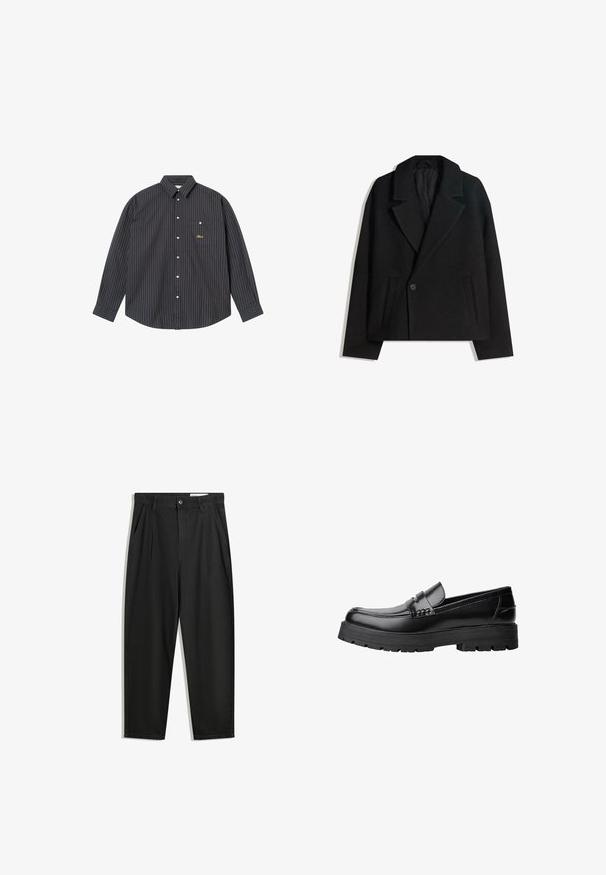 Čierny kabát s dvojitým zapínaním zo zmesi vlny s vyžehlenými klopami, dvoma bočnými vreckami a jedným gombíkom. Mäkká, štruktúrovaná látka.; Námornícke modrá košeľa s dlhým rukávom, zdobená tenkými vertikálnymi pruhmi v svetlomodrej a oranžovej farbe, s golierom na gombíky, jednou náprsní kapsou a vyšitým logom.; Čierne bavlnené nohavice s voľným strihom, s klasickým pásom, prednými záhybmi a bočnými vreckami. Hladká textúra bez vzorov.; Čierne kožené mokasíny s masívnou podrážkou a dekoratívnym pásom cez hornú časť, zobrazené z ľavého bočného profilu na bielom pozadí.
