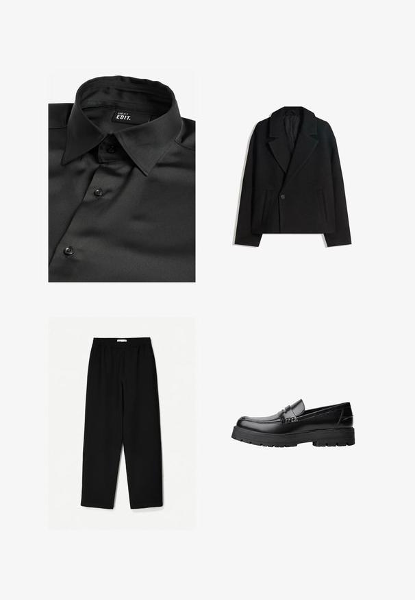 Zwart wollen blend dubbelzijdig jasje met gestructureerde revers, twee zijzakken en een enkele knoopsluiting. Zacht, textuurgegeven materiaal.; Next EDIT LONG SLEEVE- REGULAR FIT - Overhemd - black; Zwarte, wijde broek van een lichtgewicht stof. Voorzien van een elastische tailleband en een soepele textuur. Geen zichtbare patronen of hardware.; Zwarte leren loafer met een chunky profielzool en een decoratieve band over de bovenkant, weergegeven in het linkerzijprofiel op een witte achtergrond.