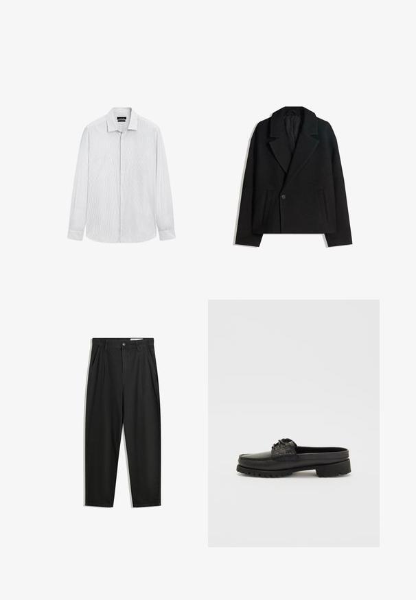 Czarny płaszcz ze wełny w blendzie, dwurzędowy, z wyraźnymi klapami, dwiema bocznymi kieszeniami i pojedynczym zapięciem na guzik. Miękka, teksturowana tkanina.; Biała męska koszula elegancka z długim rękawem, o cienkich pionowych szarych paskach, z zapięciem na guziki z przodu i kołnierzykiem typu spread.; Czarne bawełniane spodnie o luźnym kroju, z klasycznym pasem, przednimi plisy oraz bocznymi kieszeniami. Gładka struktura, bez wzorów.; Czarne skórzane buty wsuwane z detalami w postaci sznurków, okrągłym noskiem i teksturowaną podeszwą. Posiadają lekko podwyższony obcas i gładkie wykończenie.