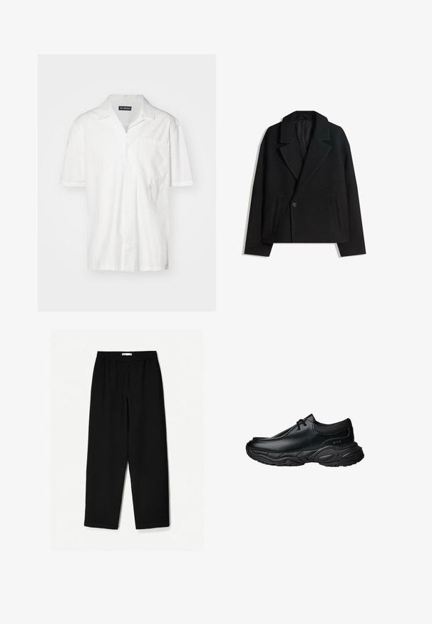 Črn brezčrtni dvojni plašč iz volnene mešanice z oblikovanimi reverji, dvema stranskima žepoma in enim gumbom. Mehka, teksturirana tkanina.; Bela srajca s kratkimi rokavi iz mešanice bombaža, z izrazitim ovratnikom, sprednjim žepom in diskretno vezenim okrasom na levi strani.; Črne široke hlače iz lahkotnega materiala. Imajo elastičen pas in gladko teksturo. Brez vidnih vzorcev ali dodatkov.; Črne usnjene čevlje za enostavno obuvanje z zaobljenim nosom in debelim strukturiranim gumijastim podplatom. Imajo diskretne šive in elastične dodatke na ovratniku.