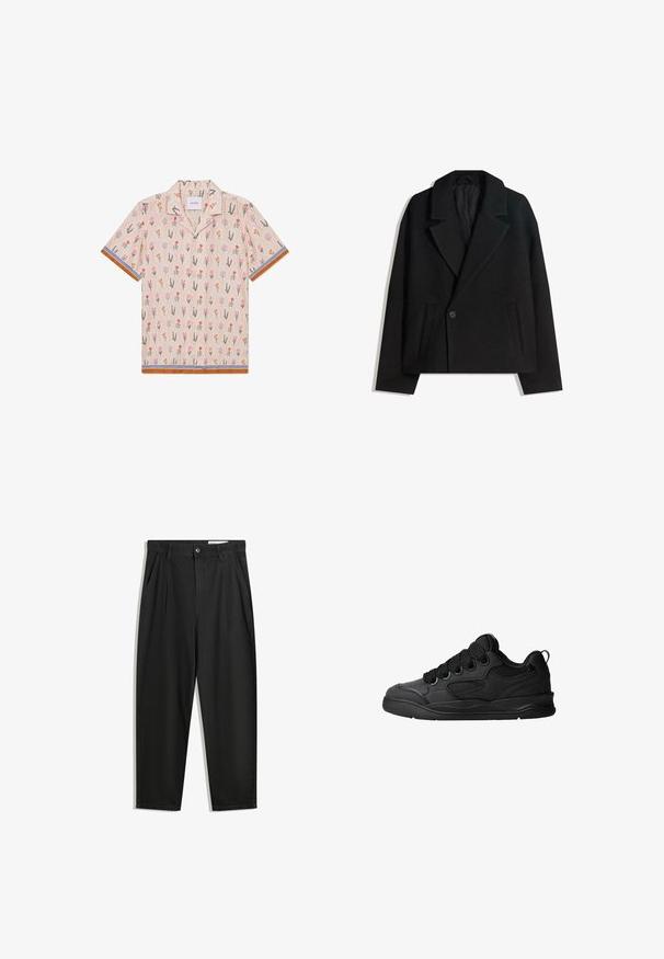 Schwarzer Wollmischung Doppelreiher-Mantel mit strukturierten Revers, zwei Seitentaschen und einer einzelnen Knopfschließe. Weicher, strukturiert Stoff.; Kurzarmhemd in Beige mit floralem Muster, das pinke, orangefarbene und grüne Illustrationen zeigt. Akzentuiert mit gestreiften blauen und braunen Rändern.; Schwarze Baumwollhose mit lockerem Schnitt, ausgestattet mit einem klassischen Bund, vorderen Falten und Seiten taschen. Glatte Textur ohne Muster.; Schwarze Sneaker mit strukturiertem Obermaterial, ausgestattet mit Schnürsenkeln, Mesh-Akzenten für Atmungsaktivität, gepolstertem Kragen und einer stabilen Laufsohle.