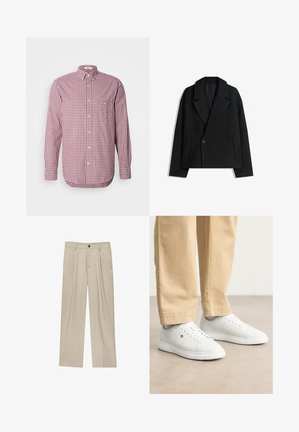 Črn brezčrtni dvojni plašč iz volnene mešanice z oblikovanimi reverji, dvema stranskima žepoma in enim gumbom. Mehka, teksturirana tkanina.; Rdeča in bela karirana srajca z dolgimi rokavi, ovratnikom in žepom na prsih. Iz lahkega materiala, gladke teksture.; Bež hlače ravnega kroja, z enim črnim gumbom, zanke za pas in stranskimi žepi. Gladka tekstura tkanine in minimalističen dizajn.; Bele usnjene športne copate z gladko površino, okroglo konico, vezalni dizajn in subtilno logotipno podrobnost na strani, v kombinaciji s bež hlačami.