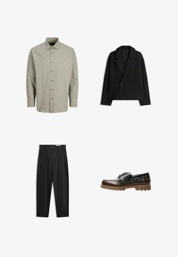 Fekete gyapjú keverék, kétsoros kabát strukturált hajtókákkal, két oldalsó zsebbel és egysoros gombzárral. Puha, texturált anyag.; Gombos ing, könnyű anyagból készült, bézs és sötétkék kockás mintázattal, széles gallérral és fából készült gombokkal.; Fekete pamut nadrág laza szabással, klasszikus derékrésszel, elülső hajtásokkal és oldalsó zsebekkel. Simább textúra minta nélkül.; Barna és zöld bőr csónakcipő, fehér varrással, kerek fűzőkkel és texturált gumitalppal. Tartós kivitelezés fémbetétekkel.