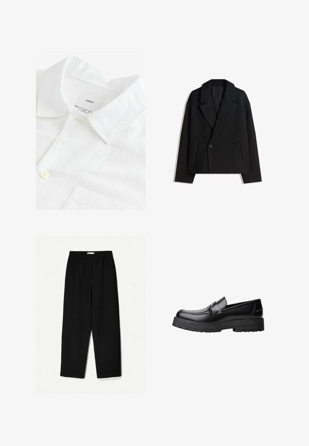 Cappotto doppiopetto in misto lana nera con rever strutturati, due tasche laterali e chiusura a un bottone. Tessuto morbido e testurizzato.; Camicia bianca in lino con colletto a punta, chiusura a un bottone e tasca sul petto. Etichetta con la scritta "NEXT," taglia M. Texture morbida.; Pantaloni neri a gamba larga realizzati in un tessuto leggero. Presentano una vita elasticizzata e una texture liscia. Senza motivi visibili o accessori.; Mocassino in pelle nera con suola spessa e tassellata e fascia decorativa sulla parte superiore, mostrato in profilo sinistro su sfondo bianco.