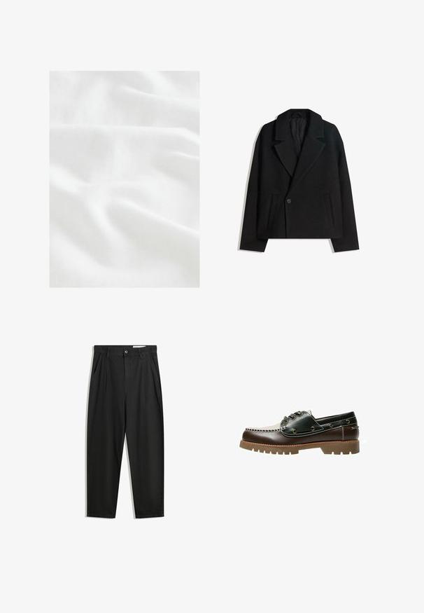 Zwart wollen blend dubbelzijdig jasje met gestructureerde revers, twee zijzakken en een enkele knoopsluiting. Zacht, textuurgegeven materiaal.; Next CUBAN COLLAR FIT - Overhemd - white; Zwarte katoenen broeken met een losse pasvorm, voorzien van een klassieke tailleband, voorplooien en zijzakken. Gladde structuur zonder patronen.; Bruine en groene leren bootschoen met een witte gestikte design, ronde veters en een gestructureerde rubberen zool. Duurzame constructie met metalen veteroogjes.