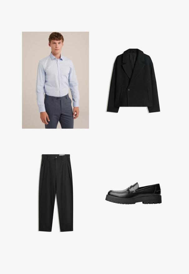 Fekete gyapjú keverék, kétsoros kabát strukturált hajtókákkal, két oldalsó zsebbel és egysoros gombzárral. Puha, texturált anyag.; Világoskék, sima pamutból készült, hosszúujjú ing, hegyes gallérral, sötétszürke, szabott nadrággal párosítva.; Fekete pamut nadrág laza szabással, klasszikus derékrésszel, elülső hajtásokkal és oldalsó zsebekkel. Simább textúra minta nélkül.; Fekete bőr loaferek vastag, bordázott talppal és díszcsíkkal az upper rész felett, bal oldali profilmódban, fehér háttér előtt.