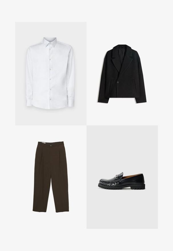 Czarny płaszcz ze wełny w blendzie, dwurzędowy, z wyraźnymi klapami, dwiema bocznymi kieszeniami i pojedynczym zapięciem na guzik. Miękka, teksturowana tkanina.; Biała koszula z długim rękawem, wykonana z gładkiego materiału, z klasycznym kołnierzykiem, zapięciem na guziki oraz mankietami z guzikami, przedstawiona na jednolitym tle.; Ciemnobrązowe dopasowane spodnie z przodu z zakładkami, szlufkami na pasek i zapięciem na guzik w talii.; Czarne skórzane mokasyny z zaokrąglonym czubkiem, dekoracyjnym przeszyciem i metalowym akcentem z przodu; gumowa podeszwa z wyjątkowym wzorem zapewniającym przyczepność.