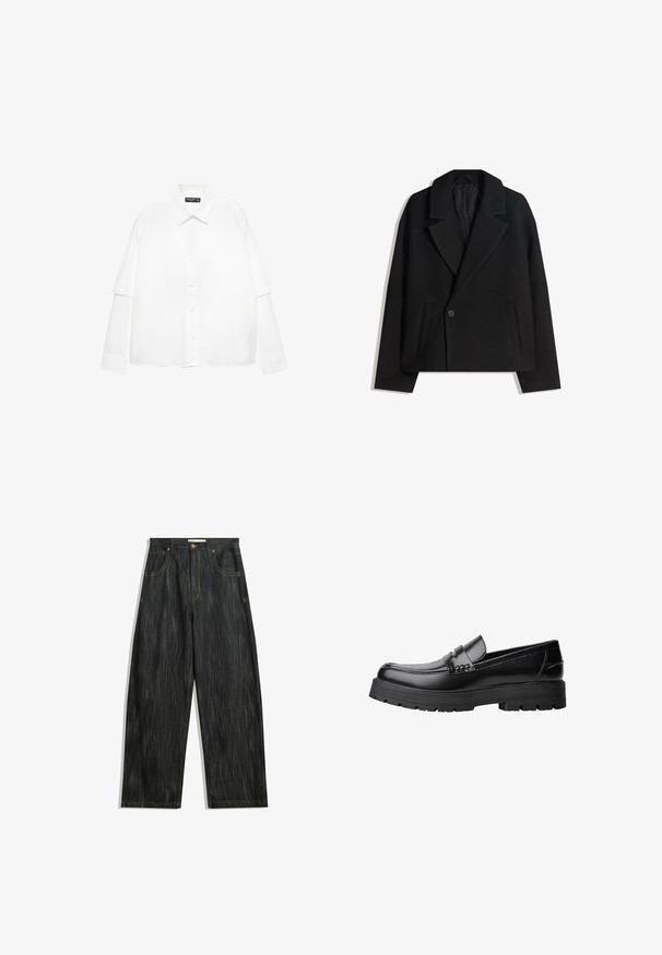 Čierny kabát s dvojitým zapínaním zo zmesi vlny s vyžehlenými klopami, dvoma bočnými vreckami a jedným gombíkom. Mäkká, štruktúrovaná látka.; Biela košeľa s dlhým rukávom vyrobená z bavlny, s zapínaním na gombíky na prednej strane, s klasickým golierom a nadmernými rukávmi v uvoľnenom strihu.; Tmavé džíny s voľným strihom, so subtílnou vertikálnou textúrou, žltým prešívaním, piatimi vreckami a klasickým zapínaním na gombík.; Čierne kožené mokasíny s masívnou podrážkou a dekoratívnym pásom cez hornú časť, zobrazené z ľavého bočného profilu na bielom pozadí.