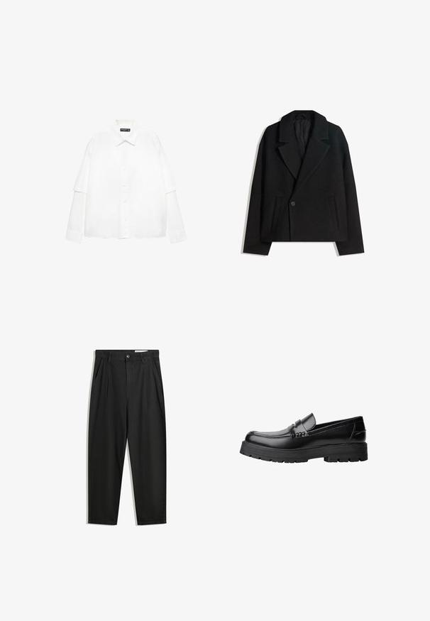 Čierny kabát s dvojitým zapínaním zo zmesi vlny s vyžehlenými klopami, dvoma bočnými vreckami a jedným gombíkom. Mäkká, štruktúrovaná látka.; Biela košeľa s dlhým rukávom vyrobená z bavlny, s zapínaním na gombíky na prednej strane, s klasickým golierom a nadmernými rukávmi v uvoľnenom strihu.; Čierne bavlnené nohavice s voľným strihom, s klasickým pásom, prednými záhybmi a bočnými vreckami. Hladká textúra bez vzorov.; Čierne kožené mokasíny s masívnou podrážkou a dekoratívnym pásom cez hornú časť, zobrazené z ľavého bočného profilu na bielom pozadí.