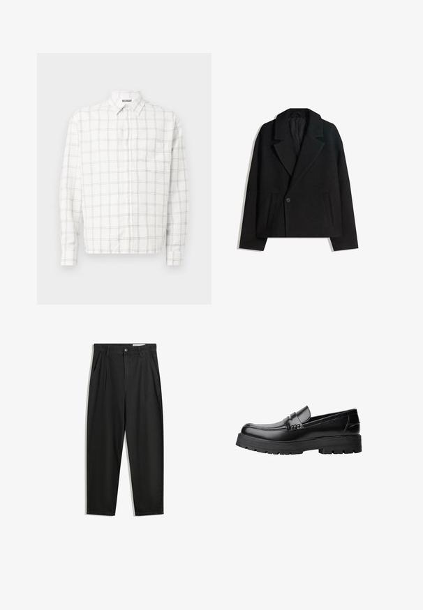 Črn brezčrtni dvojni plašč iz volnene mešanice z oblikovanimi reverji, dvema stranskima žepoma in enim gumbom. Mehka, teksturirana tkanina.; Majica s dolgimi rokavi iz belega blaga s črnim karo vzorcem, z ostrim ovratnikom in gumbom na sprednji strani. Brez vidne žepa.; Črne bombažne hlače s sproščenim krojem, ki vključujejo klasičen pas, sprednje gube in stranske žepke. Gladka tekstura brez vzorcev.; Črne usnjene loafersice s debelim profiliranim podplatom in dekorativnim pasom čez zgornji del, prikazane v levem stranskem profilu na beli podlagi.
