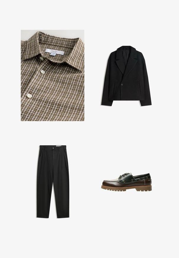 Palton dublu din lână neagră, cu rever structurat, două buzunare laterale și închidere cu un singur buton. Material moale, texturat.; Cămașă cu carouri maro, cu nasturi, confecționată dintr-un material cu textură moale. Dispune de un guler clasic și nasturi albi. Eticheta este vizibilă.; Pantaloni negri din bumbac cu croială lejeră, având un brâu clasic, plii frontale și buzunare laterale. Textură netedă fără modele.; Pantof cu bărci din piele maro și verde, cu un design cusut alb, șireturi rotunde și o talpă din cauciuc texturată. Construcție durabilă cu orificii pentru șireturi din metal.