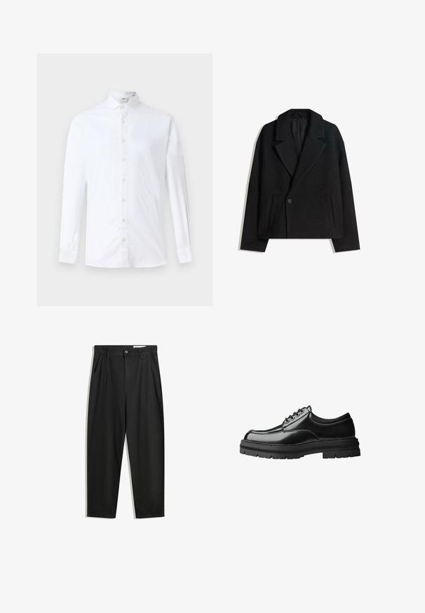 Palton dublu din lână neagră, cu rever structurat, două buzunare laterale și închidere cu un singur buton. Material moale, texturat.; Cămașă albă cu mânecă lungă, din bumbac, având un guler clasic, croială dreaptă și o textură fină, cu nasturi asortați.; Pantaloni negri din bumbac cu croială lejeră, având un brâu clasic, plii frontale și buzunare laterale. Textură netedă fără modele.; Pantof cu piele neagră, cu o finisare netedă, vârf rotund, design cu șase găuri pentru șireturi și o talpă groasă, texturată din cauciuc.
