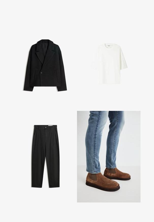 Čierny kabát s dvojitým zapínaním zo zmesi vlny s vyžehlenými klopami, dvoma bočnými vreckami a jedným gombíkom. Mäkká, štruktúrovaná látka.; Biele tričko s krátkym rukávom vyrobené z bavlny, s okrúhlym výstrihom a voľným strihom s rovnou spodnou lemovaním.; Čierne bavlnené nohavice s voľným strihom, s klasickým pásom, prednými záhybmi a bočnými vreckami. Hladká textúra bez vzorov.; Hnedé semišové členkové topánky s elastickými bočnými panelmi, hrubé čierne gumové podrážky, v kombinácii s svetlo modrými džínsami slim fit.