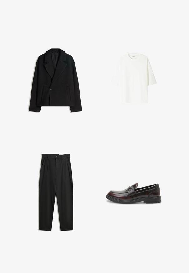 Čierny kabát s dvojitým zapínaním zo zmesi vlny s vyžehlenými klopami, dvoma bočnými vreckami a jedným gombíkom. Mäkká, štruktúrovaná látka.; Biele tričko s krátkym rukávom vyrobené z bavlny, s okrúhlym výstrihom a voľným strihom s rovnou spodnou lemovaním.; Čierne bavlnené nohavice s voľným strihom, s klasickým pásom, prednými záhybmi a bočnými vreckami. Hladká textúra bez vzorov.; Čierne a vínové kožené mokasíny so hladkým, lesklým povrchom. Obsahujú zošívanú špičku a nízku čiernu gumovú podrážku. Klasický dizajn.