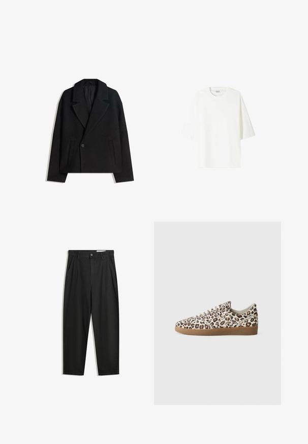 Zwart wollen blend dubbelzijdig jasje met gestructureerde revers, twee zijzakken en een enkele knoopsluiting. Zacht, textuurgegeven materiaal.; Witte kortekost T-shirt van katoen, met een ronde halslijn en een relaxed fit met rechte zoom.; Zwarte katoenen broeken met een losse pasvorm, voorzien van een klassieke tailleband, voorplooien en zijzakken. Gladde structuur zonder patronen.; Sneaker met panterprint en een bovenwerk van getextureerd leer, ronde neus, witte veters en een bruine rubberen zool. Heeft een klassieke low-top ontwerp.