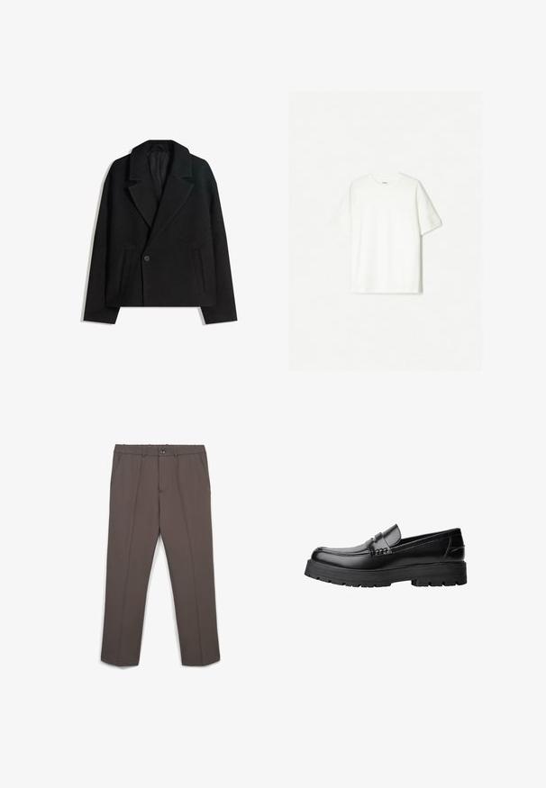 Cappotto doppiopetto in misto lana nera con rever strutturati, due tasche laterali e chiusura a un bottone. Tessuto morbido e testurizzato.; T-shirt bianco a maniche corte, realizzato in cotone morbido. Design a girocollo con una vestibilità comoda e senza loghi o motivi visibili.; Pantaloni eleganti a gamba dritta marroni con tasche laterali, chiusura con bottone e passanti per cintura, esposti in posizione piatta su sfondo bianco.; Mocassino in pelle nera con suola spessa e tassellata e fascia decorativa sulla parte superiore, mostrato in profilo sinistro su sfondo bianco.