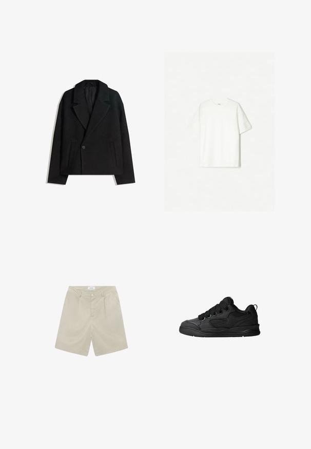 Fekete gyapjú keverék, kétsoros kabát strukturált hajtókákkal, két oldalsó zsebbel és egysoros gombzárral. Puha, texturált anyag.; Fehér, rövid ujjú póló, puha pamutból készült. Környakú dizájn, laza szabással, látható logók vagy minták nélkül.; Beige színű, szabott rövidnadrág lapos elülső résszel, két oldalsó zsebbel és egy gombos záródással. Könnyű, sima anyagból készült.; Fekete sportcipő texturált felsőrésszel, fűzőkkel, légáteresztő hálós részletekkel, párnázott bokarésszel és tartós talppal.