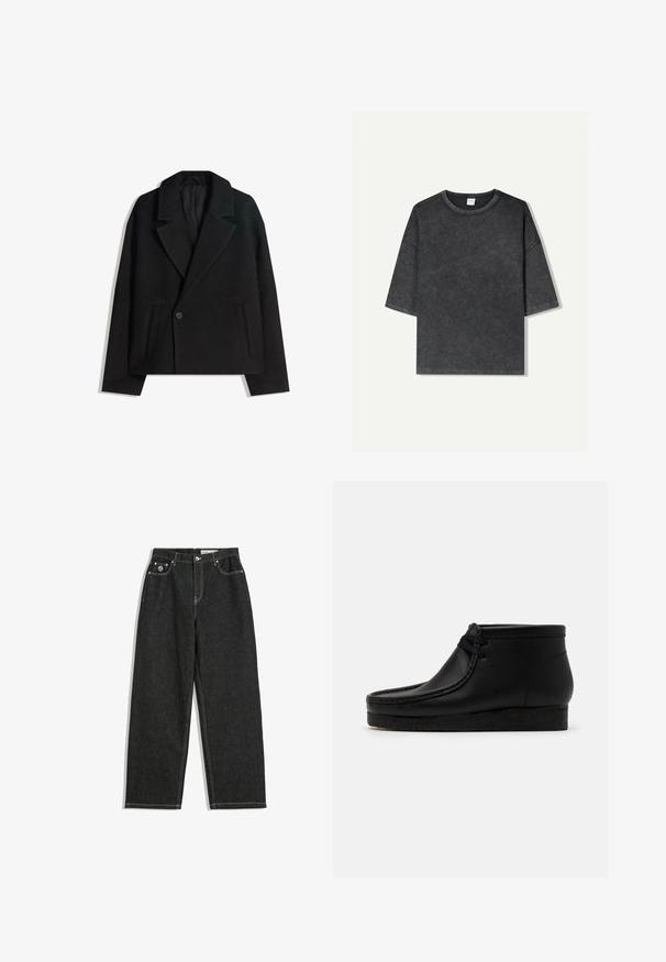 Fekete gyapjú keverék, kétsoros kabát strukturált hajtókákkal, két oldalsó zsebbel és egysoros gombzárral. Puha, texturált anyag.; Túlméretes, rövid ujjú póló sötétszürke színben, pamutból készült. Kerek nyakkivágással és látható varrásokkal a szélein.; Fekete, egyenes szárú farmernadrág fehér varrással, öt zsebes kialakítással, gombbal és cipzárral záródik, valamint egy kis logó található a jobb elülső zseben.; Fekete bőr bokacsizma lekerekített orral, varrott részletekkel és puha gumitalppal. Elöl fűzős kialakítással rendelkezik.