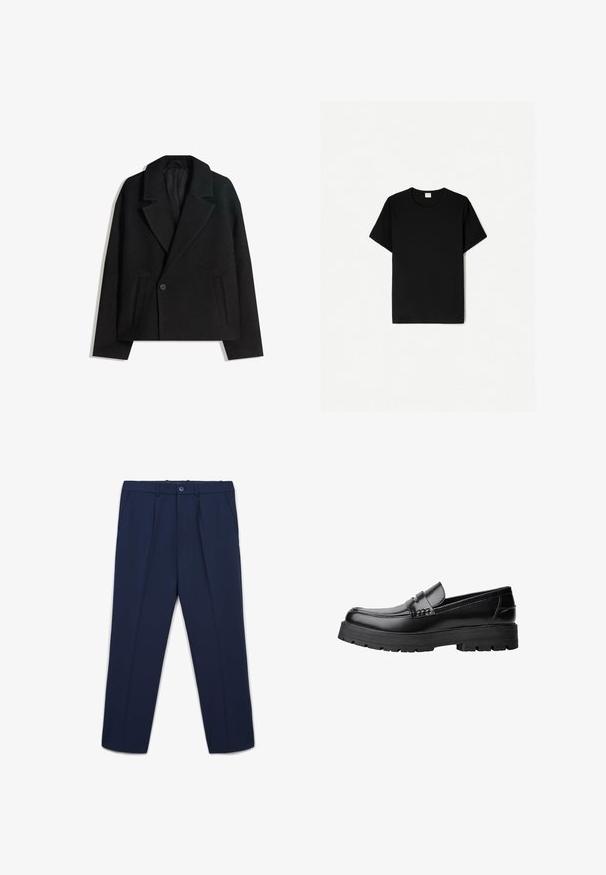 Cappotto doppiopetto in misto lana nera con rever strutturati, due tasche laterali e chiusura a un bottone. Tessuto morbido e testurizzato.; T-shirt nera a maniche corte, design a collo rotondo, realizzata in morbido cotone, con una texture liscia e senza pattern o dettagli visibili.; Pantaloni tailored blu navy con pieghe frontali, tasche laterali, passanti per cintura e chiusura a bottone in vita.; Mocassino in pelle nera con suola spessa e tassellata e fascia decorativa sulla parte superiore, mostrato in profilo sinistro su sfondo bianco.