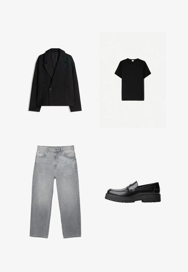 Črn brezčrtni dvojni plašč iz volnene mešanice z oblikovanimi reverji, dvema stranskima žepoma in enim gumbom. Mehka, teksturirana tkanina.; Črna kratkodlaka majica s kratkimi rokavi, krojena z okroglim izrezom, izdelana iz mehkega bombažnega materiala, z gladko teksturo in brez vidnih vzorcev ali dodatkov.; Svetlo sivi denim kavbojke s ravnimi nogami, ki imajo pet žepov, gumbasto zapiranje in rahlo bledenje za teksturo.; Črne usnjene loafersice s debelim profiliranim podplatom in dekorativnim pasom čez zgornji del, prikazane v levem stranskem profilu na beli podlagi.