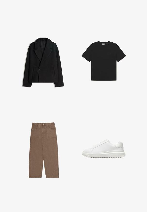 Črn brezčrtni dvojni plašč iz volnene mešanice z oblikovanimi reverji, dvema stranskima žepoma in enim gumbom. Mehka, teksturirana tkanina.; Črna bombažna majica s krožnim ovratnikom in kratkimi rokavi. Na sprednji strani je subtilen logotip. Mehka tekstura in sproščen kroj.; Rjave hlače širokih nogavic iz bombaža, z dvema sprednjima žepoma in zapiranjem na gumb. Tkanina ima mehak teksturo in mat zaključek.; Beli copati z gladkim sintetičnim zgornjim delom, okroglo konico, ravnim vezalkami, teksturiranim podplatom in slojevito platformo za dodatno višino.