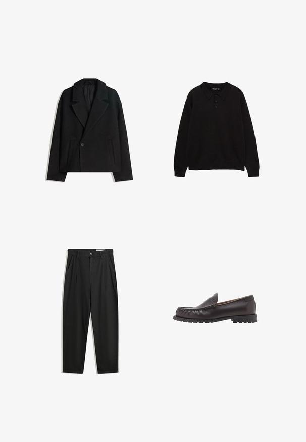 Palton dublu din lână neagră, cu rever structurat, două buzunare laterale și închidere cu un singur buton. Material moale, texturat.; Polo cu mânecă lungă, de culoare neagră, cu guler, închidere cu trei nasturi și mansete și tiv ribbate, fabricat dintr-un material texturat.; Pantaloni negri din bumbac cu croială lejeră, având un brâu clasic, plii frontale și buzunare laterale. Textură netedă fără modele.; Mocasiini din piele maro cu vârf rotunjit, detalii cusute și o talpă de cauciuc joasă. Finisaj neted cu o strălucire subtilă.