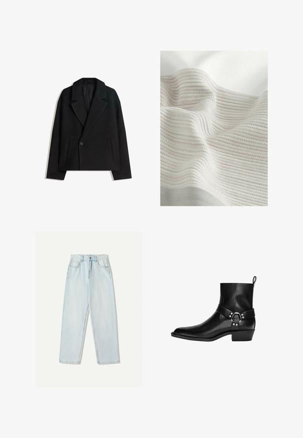 Črn brezčrtni dvojni plašč iz volnene mešanice z oblikovanimi reverji, dvema stranskima žepoma in enim gumbom. Mehka, teksturirana tkanina.; Struktura tkanine z svetlo sivo in off-white črtami. Mehek material z valovito površino, ki izpostavlja tkani vzorec in nežne gube.; Svjetloplave traperice s ležernim krojem, ravnim nogavicama, dizajnom s pet džepova i suptilnim izblijedjenjem na tkanini.; Črne usnjene gležnjarice s koničastim nosom, dekorativnim trakom in krožno zaponko, ter nizkim petam. Gladka tekstura z minimalnimi šivi.