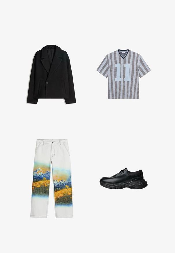 Crni kaput od vune s dvostrukim kopčanjem, strukturiranim reverima, s dva bočna džepa i jednim dugmetom. Mekana, teksturirana tkanina.; Majica s kratkim rukavima prugastog dizajna s tankim plavim i sivim prugama. Ima V-izrez, odvažan plavi broj "11" na prednjoj strani i teksturirani materijal.; Desigual LANDSCAPE - Hlače - white; Crne kožne cipele za klizanje s okruglim nosom i debelim teksturiranim gumennim đonom. Sadrže suptilnu obrubu i elastične akcenti na ovratniku.