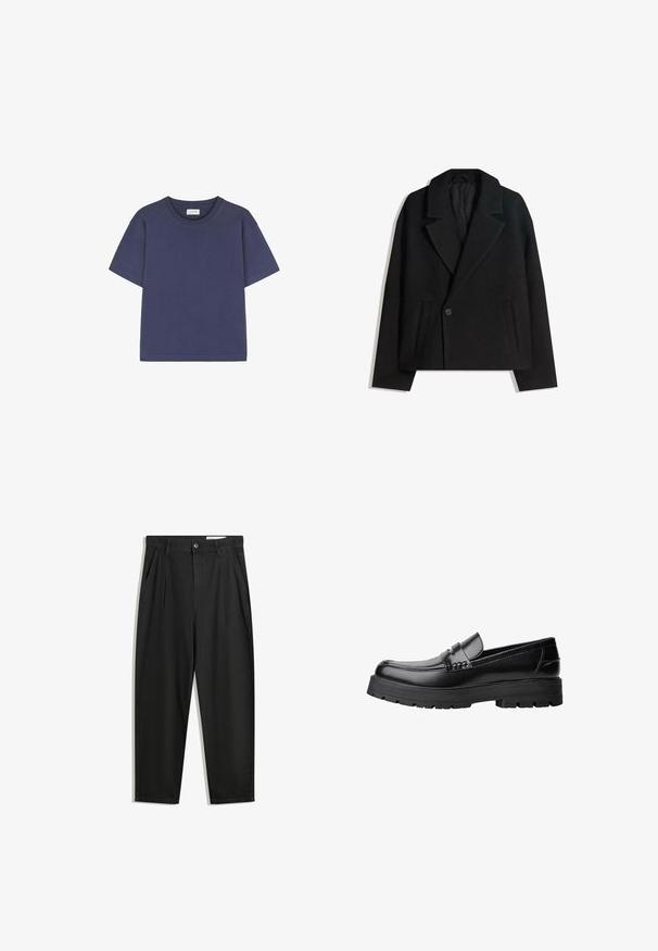 Palton dublu din lână neagră, cu rever structurat, două buzunare laterale și închidere cu un singur buton. Material moale, texturat.; Tricou navy blue cu mânecă scurtă realizat din bumbac. Are un guler rotund și o croială lejeră. Textură netedă, fără modele sau accente vizibile.; Pantaloni negri din bumbac cu croială lejeră, având un brâu clasic, plii frontale și buzunare laterale. Textură netedă fără modele.; Mocasini din piele neagră, cu talpă groasă și profilată și bandă decorativă pe partea superioară, prezentati din profil stâng pe fundal alb.