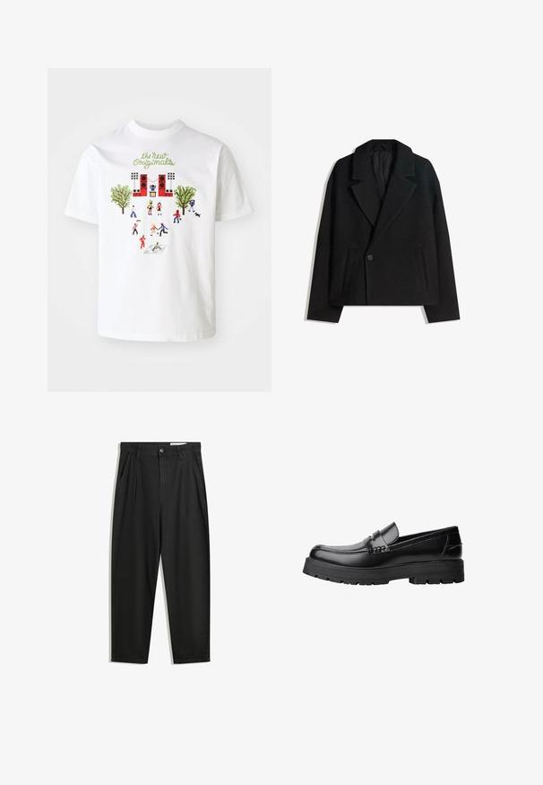 Fekete gyapjú keverék, kétsoros kabát strukturált hajtókákkal, két oldalsó zsebbel és egysoros gombzárral. Puha, texturált anyag.; Fehér pamut póló, amely élénk grafikát ábrázol emberekkel, fákkal és egy színpaddal, a felirattal "az új eredetiek" zöld színben a minta felett.; Fekete pamut nadrág laza szabással, klasszikus derékrésszel, elülső hajtásokkal és oldalsó zsebekkel. Simább textúra minta nélkül.; Fekete bőr loaferek vastag, bordázott talppal és díszcsíkkal az upper rész felett, bal oldali profilmódban, fehér háttér előtt.