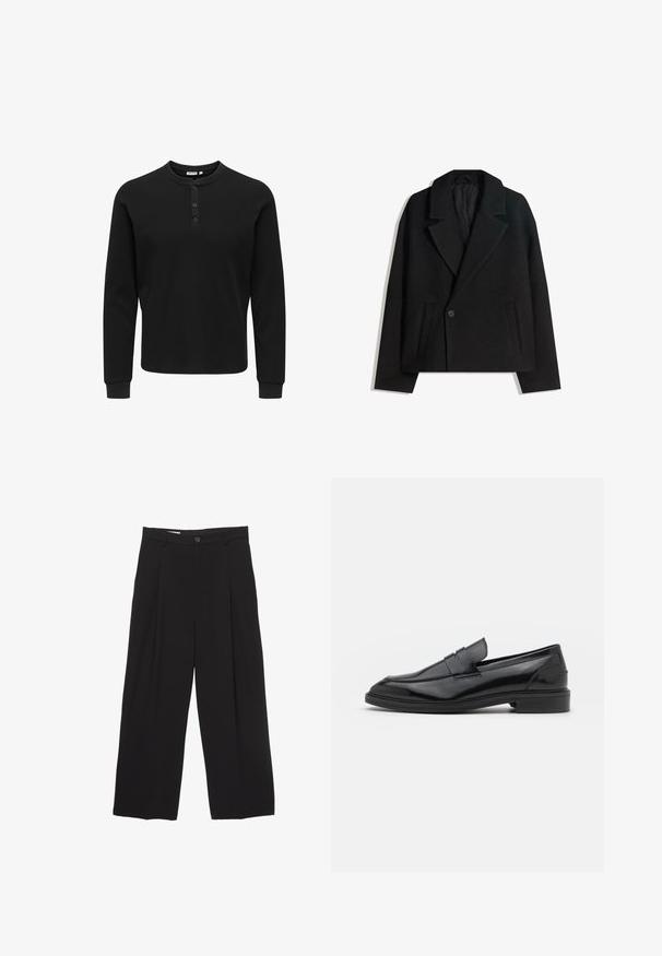 Svart ullblandning dubbelknäppt kappa med strukturerade slag, två sidofickor och en enda knappstängning. Mjuk, texturerad tyg.; Svart långärmad henley-tröja i texturerad tyg med tre-knapps placket, rund hals och åtsittande ärmslut.; Svarta vida byxor tillverkade av mjukt tyg, med platt midjeband, framfåll och en enkel knappstängning.; Svarta läderloafers med en slät finish, med rund tå och en smal rem över framsidan. Låg klack.