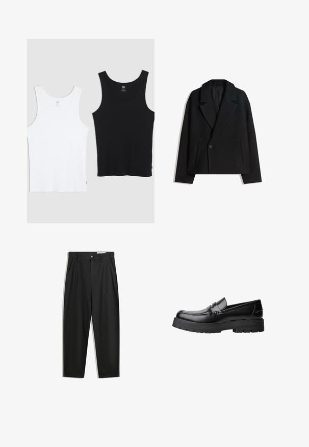 Svart ullblandning dubbelknäppt kappa med strukturerade slag, två sidofickor och en enda knappstängning. Mjuk, texturerad tyg.; Två bomullsbandtoppar, en vit och en svart, båda med ribbad textur, rund hals och en liten röd logotyp vid nederkanten.; Svarta bomullsshorts med avslappnad passform, med en klassisk midja, framveck och sidfickor. Slät textur utan mönster.; Svart läderloafer med kraftig mönstrad sula och dekorativ rem över framtill, visad i vänster sidoprofil på vit bakgrund.