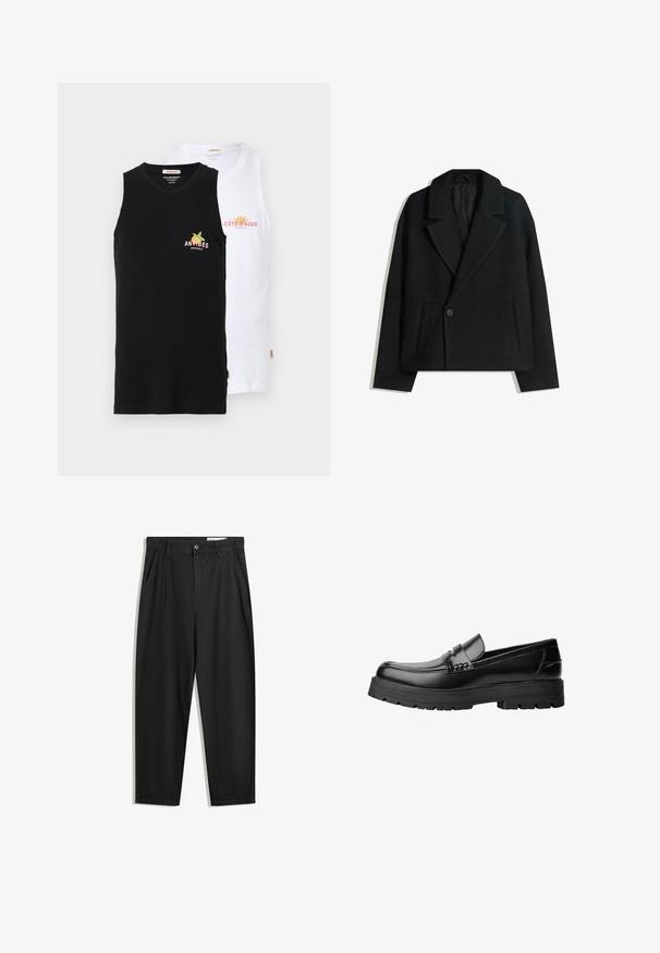 Black wool blend double-breasted coat with structured lapels, two side pockets, and a single button closure. Soft, textured fabric.; Two sleeveless cotton tank tops: one black with "ANTIBES" logo, the other white with "CÔTE D'AZUR" logo. Smooth texture, domestic style.; Black cotton trousers with a relaxed fit, featuring a classic waistband, front pleats, and side pockets. Smooth texture without patterns.; Black leather loafer with chunky treaded sole and decorative strap across the upper, shown in left side profile on white background.