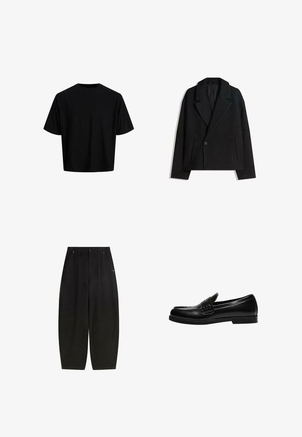 Černý vlněný dvouřadý kabát se strukturovanými reverzy, dvěma bočními kapsami a jedním knoflíkovým zapínáním. Měkká, texturovaná tkanina.; Černé zkrácené tričko vyrobené z hladké bavlněné tkaniny. Má kulatý výstřih a krátké rukávy, s jednoduchým, minimalistickým designem.; Černé široké kalhoty s předními kapsami, sklady a čistým zakončením. Vyrobeny z texturované tkaniny s knoflíkovým zapínáním.; Černé kožené mokasíny s hladkým povrchem, které mají prošívání na nártu a nízkou, jednolitou černou gumovou podrážku.