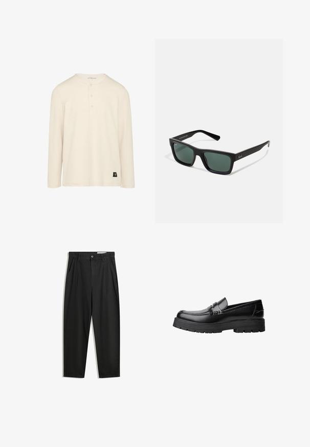 Schwarzer Wollmischung Doppelreiher-Mantel mit strukturierten Revers, zwei Seitentaschen und einer einzelnen Knopfschließe. Weicher, strukturiert Stoff.; Langärmliges, cremefarbenes Henley-Shirt aus geripptem Stoff mit Knopfleiste und kleinem schwarzem Logoetikett am Saum.; Schwarze Baumwollhose mit lockerem Schnitt, ausgestattet mit einem klassischen Bund, vorderen Falten und Seiten taschen. Glatte Textur ohne Muster.; Schwarzer Lederloafer mit grobem, rutschfestem Sohlenprofil und dekorativem Riemen über der Oberseite, seitlich links auf weißem Hintergrund abgebildet.; Schwarze rechteckige Sonnenbrille mit grünem Glas, mattem Finish, geraden Bügeln und dem Ray-Ban-Logo an der Seite.