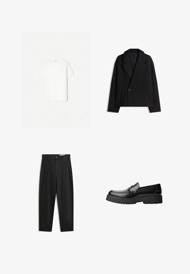Sort uldblandet dobbeltradet frakke med strukturerede revers, to sidelommer og en enkelt knaplukning. Blødt, tekstureret stof.; Hvid bomulds T-shirt, rund hals, korte ærmer, afslappet pasform, glat tekstur, ingen synlige mønstre eller detaljer.; Sorte bomuldsbukser med en afslappet pasform, der har en klassisk talje, frontfolder og sidelommer. Glat tekstur uden mønstre.; Sort læderloafer med kraftig sål og dekorativ rem henover, vist i venstre sideprofil på hvid baggrund.