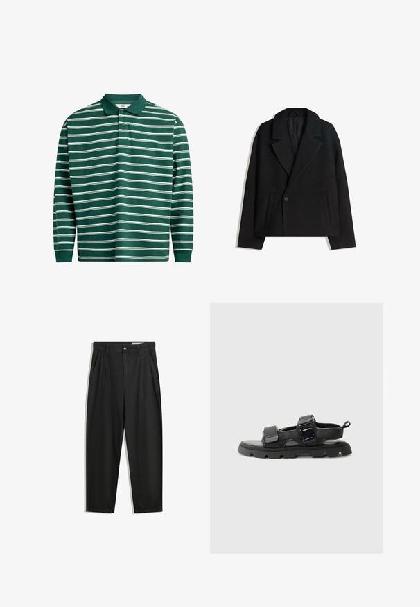 Čierny kabát s dvojitým zapínaním zo zmesi vlny s vyžehlenými klopami, dvoma bočnými vreckami a jedným gombíkom. Mäkká, štruktúrovaná látka.; Dlhý rukáv polo tričko v tmavozelenej farbe s bielymi horizontálnymi pruhmi. Obsahuje klasický golier, zapínanie na tri gombíky a rebrované manžety.; Čierne bavlnené nohavice s voľným strihom, s klasickým pásom, prednými záhybmi a bočnými vreckami. Hladká textúra bez vzorov.; Čierne sandále s textúrovaným tkaninovým zvrškom, širokými popruhmi, kovovými prackami a hrubou gumovou podrážkou s dezénom.