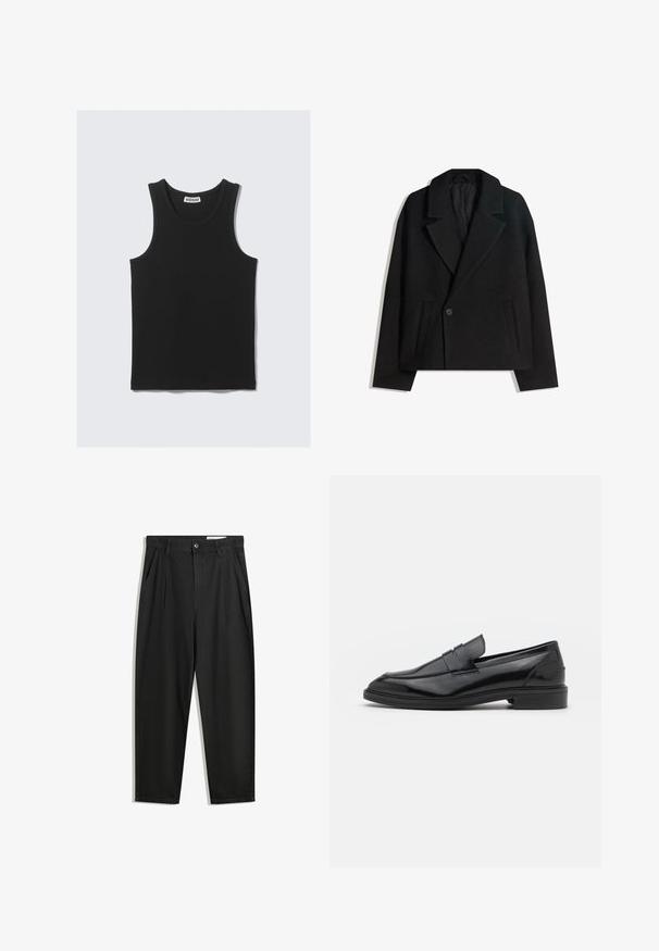 Schwarzer Wollmischung Doppelreiher-Mantel mit strukturierten Revers, zwei Seitentaschen und einer einzelnen Knopfschließe. Weicher, strukturiert Stoff.; Schwarzes Baumwoll-Trägershirt mit gerippter Textur, Rundhalsausschnitt und weiten Armlöchern. Etikett am Hals sichtbar.; Schwarze Baumwollhose mit lockerem Schnitt, ausgestattet mit einem klassischen Bund, vorderen Falten und Seiten taschen. Glatte Textur ohne Muster.; Schwarze Lederloafers mit glatter Oberfläche, runder Spitze und schmalem Riemen über dem Obermaterial. Niedriger, gestapelter Absatz.