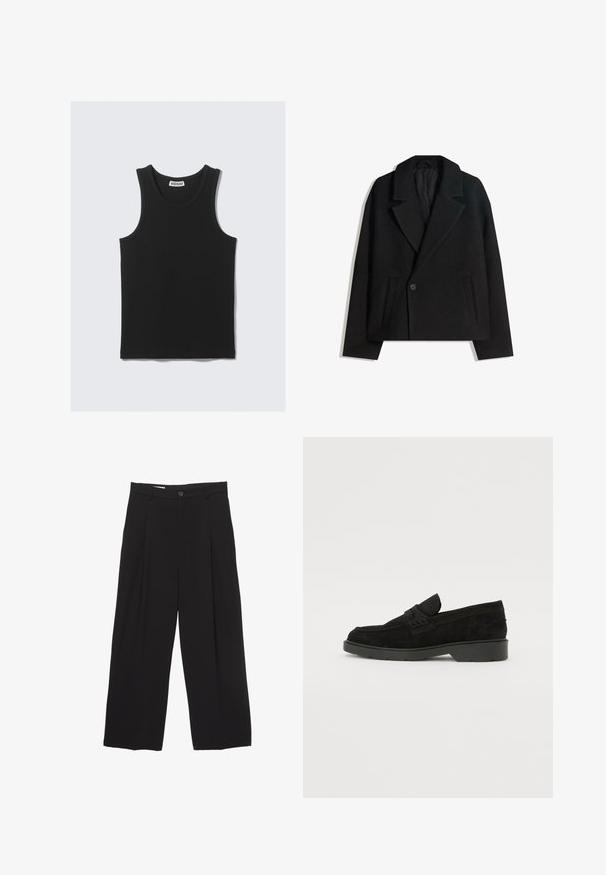 Zwart wollen blend dubbelzijdig jasje met gestructureerde revers, twee zijzakken en een enkele knoopsluiting. Zacht, textuurgegeven materiaal.; Zwarte katoenen tanktop met een geribbelde textuur, voorzien van een ronde halslijn en brede armsgaten. Etiket zichtbaar bij de hals.; Zwarte wijde broek gemaakt van gladde stof, met een platte tailleband, voorplooien en een enkele knoopsluiting.; Zwarte suède instappers met een lage hak, voorzien van een eenvoudige band over de bovenkant en een gestructureerd detail langs de zijkanten.