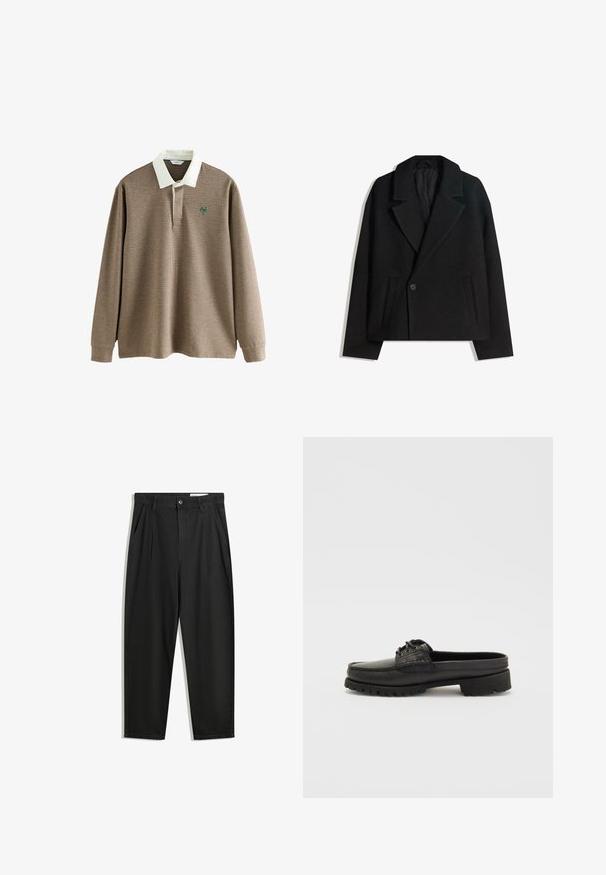 Crni kaput od vune s dvostrukim kopčanjem, strukturiranim reverima, s dva bočna džepa i jednim dugmetom. Mekana, teksturirana tkanina.; Dug madalna polo majica smešnog i krem uzorka u kostloču, sa belim ovratnikom i zelenim logom na grudima. Mekana tekstura tkanine.; Crne pamučne hlače s opuštenim krojem, s klasičnim pojasom, prednjim nabranjima i bočnim džepovima. Glatka tekstura bez uzoraka.; Crne kožne cipele bez vezivanja s detaljima od čipke, zaobljenog vrha i teksturiranom potplatu. Imaju lagano povišeni potplat i glatku završnu obradu.