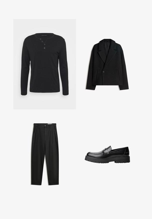 Čierny kabát s dvojitým zapínaním zo zmesi vlny s vyžehlenými klopami, dvoma bočnými vreckami a jedným gombíkom. Mäkká, štruktúrovaná látka.; Čierna dlhá rukávová henley košeľa vyrobená z mäkkého materiálu, so zapínaním na gombíky, okrúhlym výstrihom a prispôsobenými rukávmi.; Čierne bavlnené nohavice s voľným strihom, s klasickým pásom, prednými záhybmi a bočnými vreckami. Hladká textúra bez vzorov.; Čierne kožené mokasíny s masívnou podrážkou a dekoratívnym pásom cez hornú časť, zobrazené z ľavého bočného profilu na bielom pozadí.