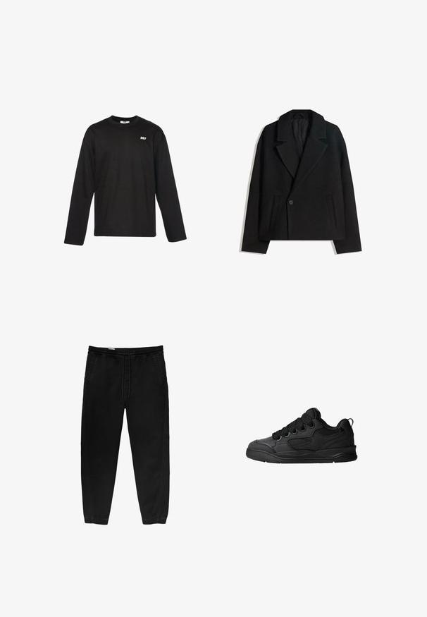 Čierny kabát s dvojitým zapínaním zo zmesi vlny s vyžehlenými klopami, dvoma bočnými vreckami a jedným gombíkom. Mäkká, štruktúrovaná látka.; DEF EVERYDAY - Top s dlhým rukávom - black; Čierne nohavice s elastickým pásom a šnúrkou na stiahnutie, so zúženými nohavicami, bočnými vreckami a jemnými detailmi švov na boku. Mäkká textúra bavlnenej tkaniny.; Čierne tenisky s textúrovaným zvrškom, s šnúrkami, sieťovinovými akcentmi pre priedušnosť, polstrovaným golierom a pevnou podošvou.