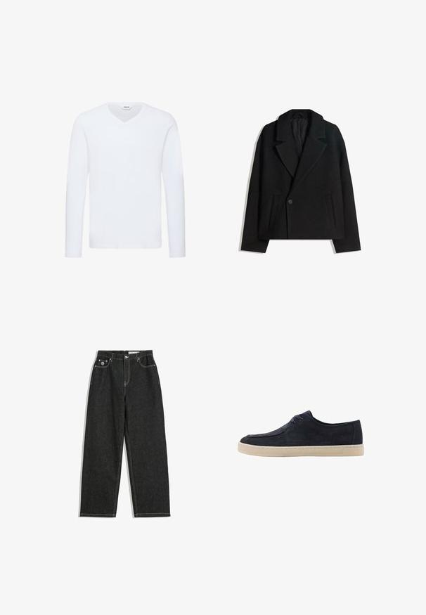 Palton dublu din lână neagră, cu rever structurat, două buzunare laterale și închidere cu un singur buton. Material moale, texturat.; Tricou alb cu mânecă lungă și decolteu în V, fabricat dintr-un amestec moale de bumbac. Prezintă o textură netedă și un tiv drept, cu detalii minime.; Jeanși negri cu picioare drepte, cusături albe, design cu cinci buzunare, închidere cu nasture și fermoar, și un mic logo pe buzunarul din dreapta față.; Pantof navy din suede, cu vârful rotund, două găuri pentru șireturi și o talpă de cauciuc crem. Textură netedă și design minimalist.