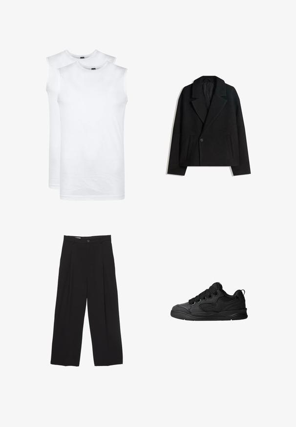 Zwart wollen blend dubbelzijdig jasje met gestructureerde revers, twee zijzakken en een enkele knoopsluiting. Zacht, textuurgegeven materiaal.; Twee witte katoen tanktops zonder mouwen met een ronde halslijn, een gladde textuur en zonder zichtbare patronen of graphics.; Zwarte wijde broek gemaakt van gladde stof, met een platte tailleband, voorplooien en een enkele knoopsluiting.; Zwarte sneakers met een gestructureerde bovenkant, voorzien van veters, mesh-details voor ademend vermogen, een gevoerd kraagje en een stevige zool.